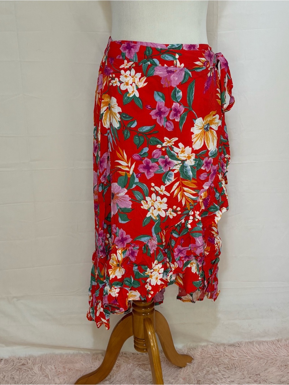 Cynthia Rowley Red Floral Midi Wrap Skirt
